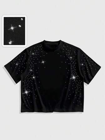 Street Life T-shirt à col rond à manches courtes avec décoration de strass, mode homme, été