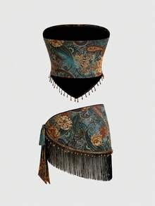 ROMWE Hippie Bộ 2 món áo crop top và chân váy mini cổ điển giản dị dành cho nữ - Màu vàng - Xem 2