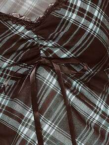 ROMWE J-Fashion Camiseta de moda con cuello de encaje en contraste, mangas cortas raglán y estampado de cuadros para mujer, estilo Y2K - Multicolor - Ver 3