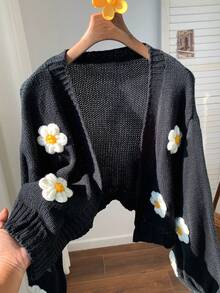 Comfortcana 女士休闲日常花卉印花前开宽松开衫，秋冬款 - 黑色 - 查看 5