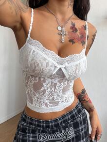 Coolane Women's Spring/Summer Y2K Concert Outfit Rave Outfit Rave Outfit Renaissance Fair Club Outfits Party Hippie Contrast White Lace Tank Tops - White - View 5