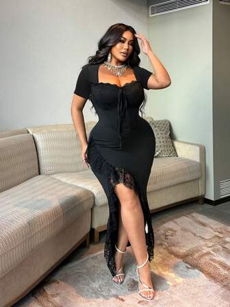 NU&NOW Plus Size Women's Solid Black Lace Patchwork Sexy Elegant Slit Fitted Short Sleeve Dress, Suitable For Going Out, Dating, Graduation, Prom, Sexy Party, Fashionable Urban Casual, Versatile, Elegant Lady Outfit