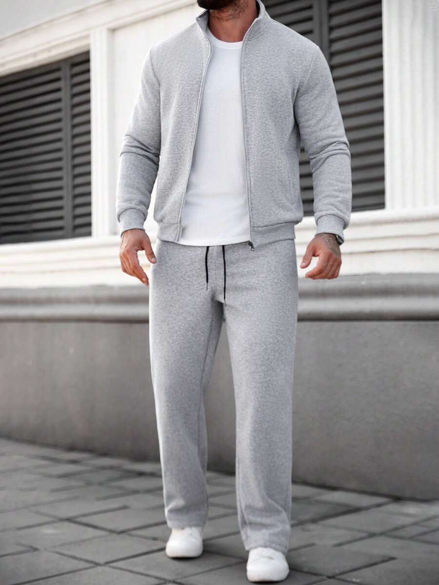 Manfinity Homme Áo khoác nam dài tay cổ đứng màu trơn có khóa kéo, kiểu dáng thường ngày, đa năng, bộ đồ hai mảnh màu xám cho nam, bộ đồ thể thao hai mảnh cho nam, bộ đồ chạy bộ cho nam, bộ đồ dệt kim hai mảnh cho nam. - Màu Xám nhạt - Xem 1