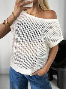 SHEIN EZwear 女士时尚性感纯黑色露肩镂空毛衣 - 杏色 - 查看 3