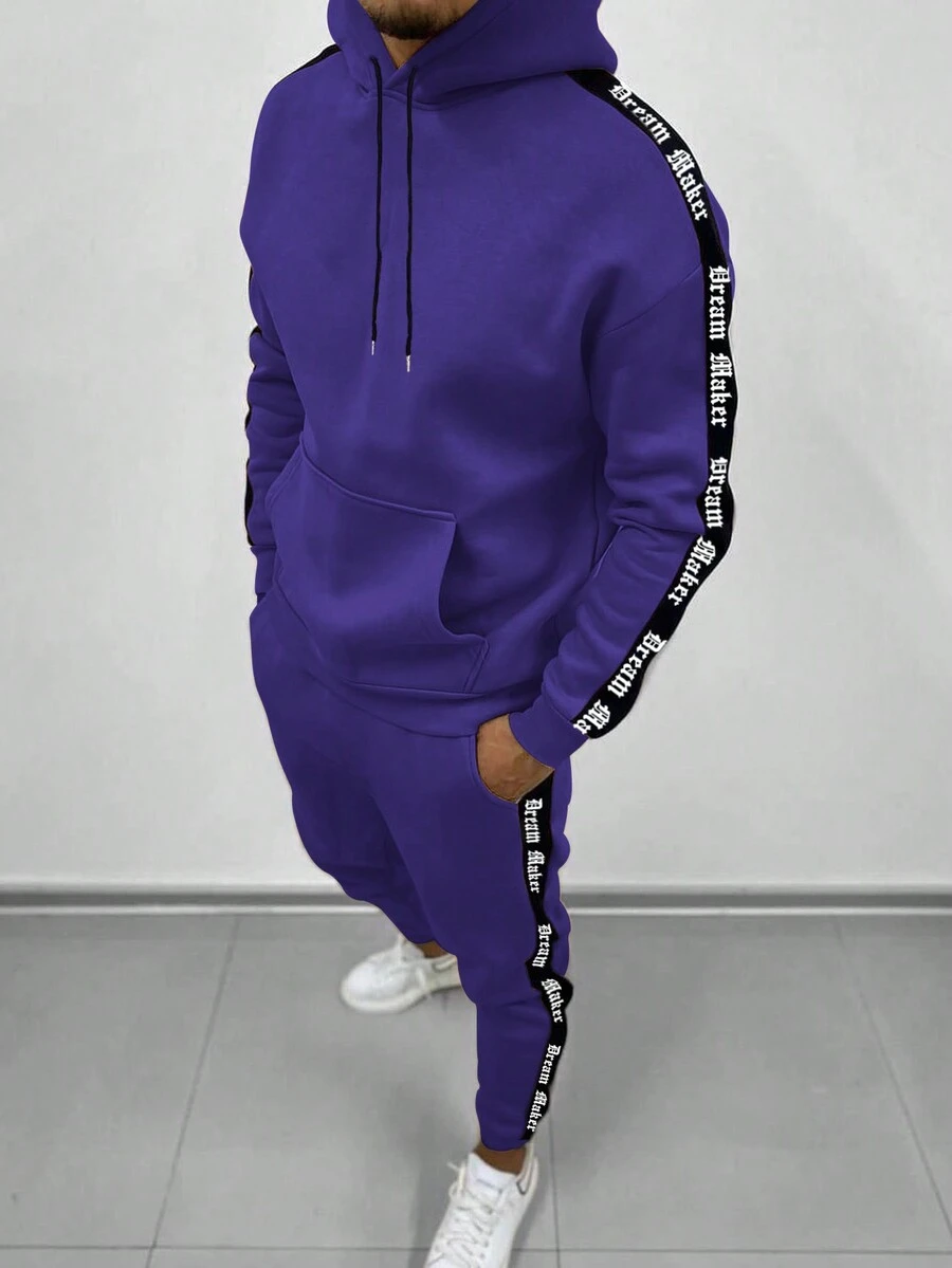 Manfinity Homme 2pcs Men's Contrast Color Print Hoodie Sweatshirt And Pants Set - Purple - View 1