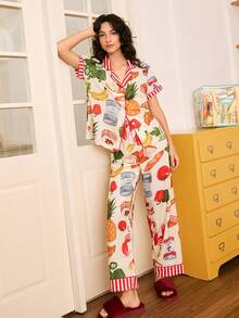 Chillnights 水果食物印花撞色条纹领短袖女士睡衣套装 - 彩色 - 查看 3