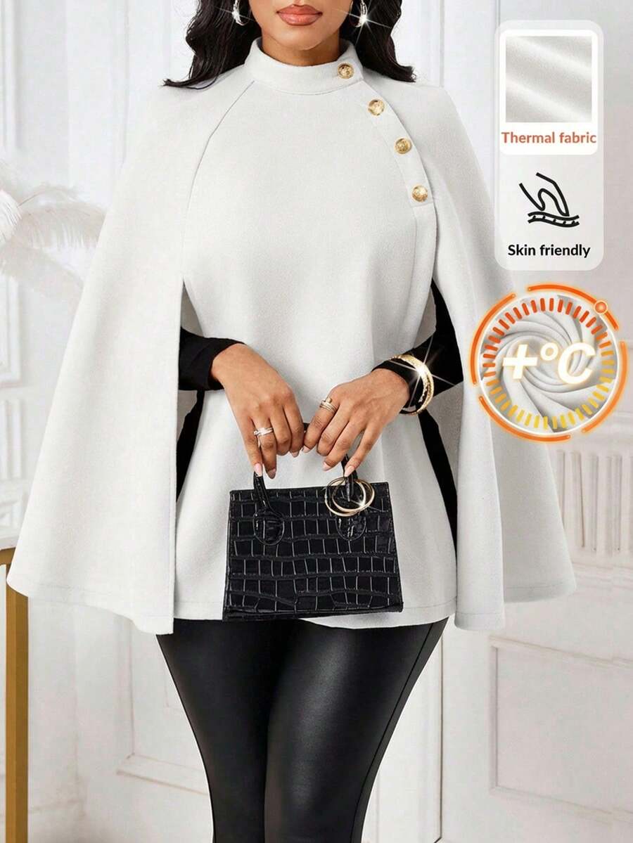 SHEIN Lady 女士休闲宽松斗篷式羊毛混纺大衣,简约商务秋冬女装 - 米色 - 查看 1