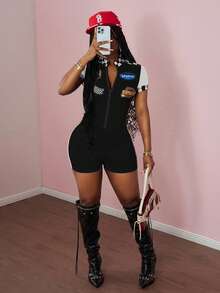 Slaydiva Women's Black Summer Grunge Everyday Plus Size Jumpsuit,Street Casual Rock Style Red & Black Contrast Motorcycle Graphic Zip Collar Short Sleeve - White - View 4