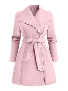 SHEIN Tall 高个系列女士秋冬百搭修身长款羊毛混纺大衣 - 粉色 - 查看 6
