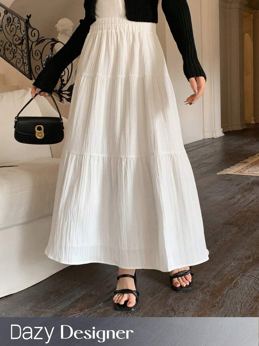 DAZY Women's Solid Color Elastic Waist Casual Long Skirt - White - View 1