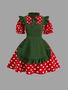 Sweetra Plus Size Cute Polka Dot Print Contrast Color Apron Dress - Red - View 10