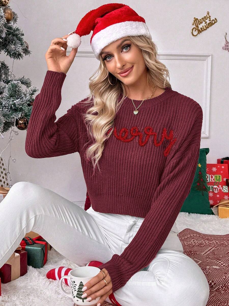 EMERY ROSE Women's Crew Neck Drop Shoulder Long Sleeve Letter Knit Sweater - Red - View 1