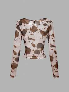 SHEIN MOD Women's Wide Round Neck Fitted Sheer Animal Print Top, Cow Top, Casual For Women, Summer Top, Western, Graphic Tee - Multicolor - View 3