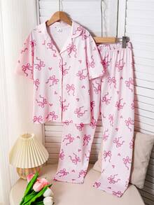 Girls Casual Sweet Style Bowknot & Heart Pajama Set, Light Pink Butterfly Pattern Lapel Short Sleeve Top With Long Pants 2 Pieces Loungewear