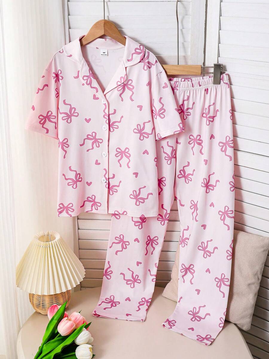 Girls Casual Sweet Style Bowknot & Heart Pajama Set, Light Pink Butterfly Pattern Lapel Short Sleeve Top With Long Pants 2 Pieces Loungewear