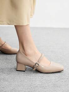 CUCCOO BIZCHIC Women's Square Toe Buckle Design Fashionable High Heels, Versatile For Daily Wear - Apricot - View 5