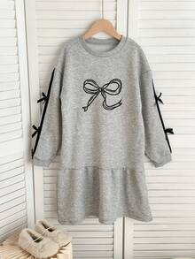 SHEIN 少女优雅3D蝴蝶结装饰长袖公主裙 - 灰色 - 查看 1