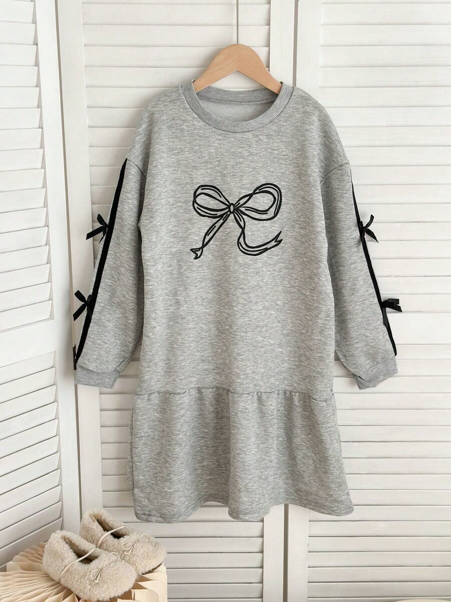 SHEIN 少女优雅3D蝴蝶结装饰长袖公主裙 - 灰色 - 查看 1
