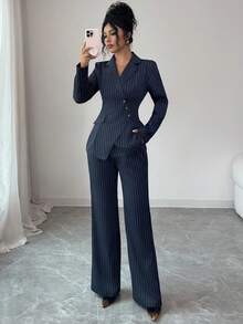 SHEIN PETITE 女士藏蓝色条纹V领不对称前袋设计收腰优雅职业套装，适合工作、生日、约会、派对、正式活动、鸡尾酒会、音乐节、情人节、复活节、劳动节、返校季、单身派对、春夏套装 - 藏蓝色 - 查看 5