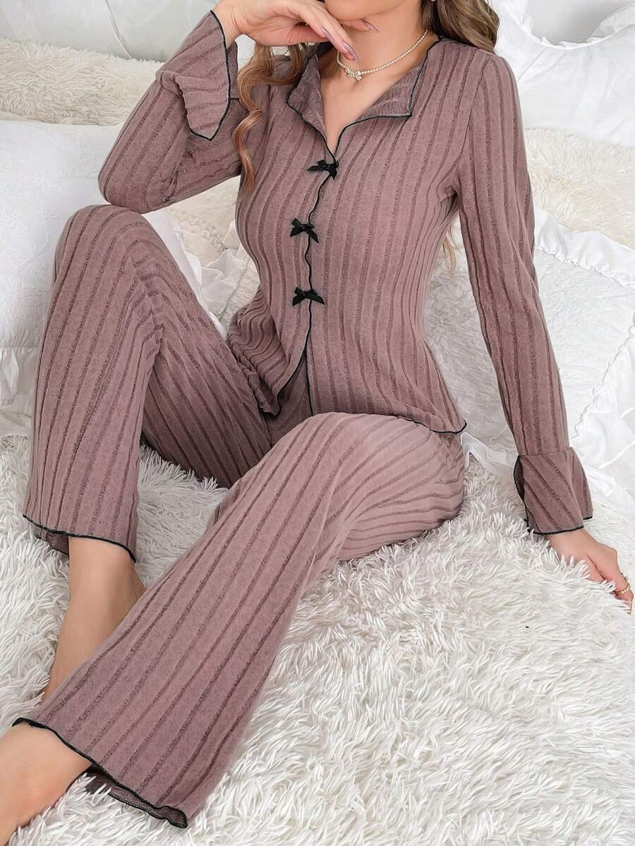 女士休闲蝴蝶结装饰睡衣套装 - 粉色 - 查看 1