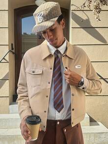 SWAVVY 男士休闲宽松灯芯绒拼接长袖衬衫，时尚日常穿着 - 棕色 - 查看 4