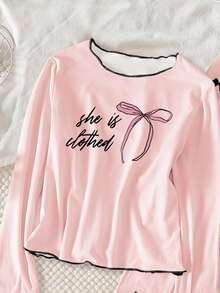 一套少女优雅时尚英文字母蝴蝶结印花波浪边长袖睡衣套装，春秋季 - 粉色 - 查看 6