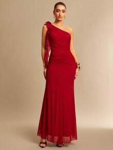 Silquee 1 pièce Robe longue ajustée pour femme avec col asymétrique et volants, couleur unie - Rouge - Voir 3
