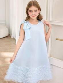 A Girl's Ruffled Sleeveless A-Line Dress With A Tie Bow, Suitable For Parties, Elegant And Casual. A Girl's Bow Collar Ruffled Sleeveless A-Line Chiffon Dress - Baby Blue - View 5
