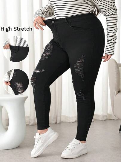 SHEIN Tall CURVE Jeans pitillo de talle alto con bolsillos, desgastados, de talla grande, para mujer, de verano e invierno, con estiramiento y comodidad, con roturas, lavado en negro