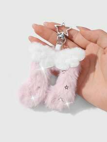 ROMWE Kawaii 1pc Multi-Style Ins Cute & Elegant Silver Rhinestone Star Swirl Guitar Pendant, White Plush Angel Wings, Pink Double-Sided Starry Plush Music Note Pendant, DIY Keychain Accessory, Suitable For Sisters, Friends, Couples, Daily Wear, Holiday Gifts - Pink - View 4