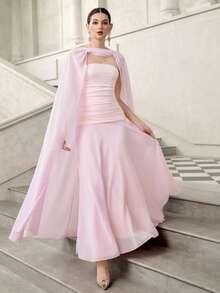 Elenzga 优雅浪漫拼接修身A字连衣裙（女款） - 粉色 - 查看 5