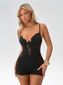 Amplova 女士蕾丝Y2K秋冬服装，蕾丝拼接紧身吊带露脐上衣和高腰露背连体裤，适合约会、秋冬派对、新年、万圣节、圣诞节、情人节等场合。 - 彩色 - 查看 11