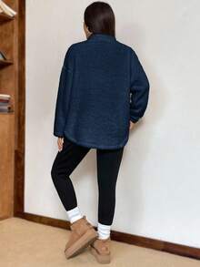 SHEIN EZwear 两件套加大码女式字母印花落肩长袖卫衣和长裤套装，藏蓝色 - 藏蓝色 - 查看 2