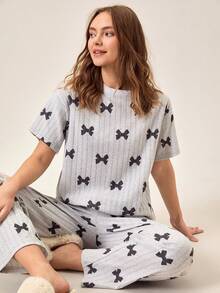 EURMUSE Cotton Bow Print Short Sleeve Pajama Set – Soft Breathable Summer Sleepwear - Grey - View 6