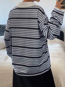 Livesso 女士高领荷叶边条纹T恤，秋冬长袖 - 藍色 - 查看 2