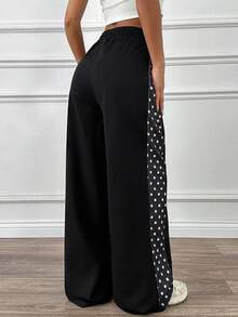 EURMUSE Women's Elastic Waist Polka Dot Print Patchwork Loose Casual Wide Leg Sweatpants - Black and White - View 2