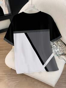 INAWLY Women's Plus Comfort Patchwork Color Block Full Print Short Sleeve T-Shirt - Multicolor - View 2