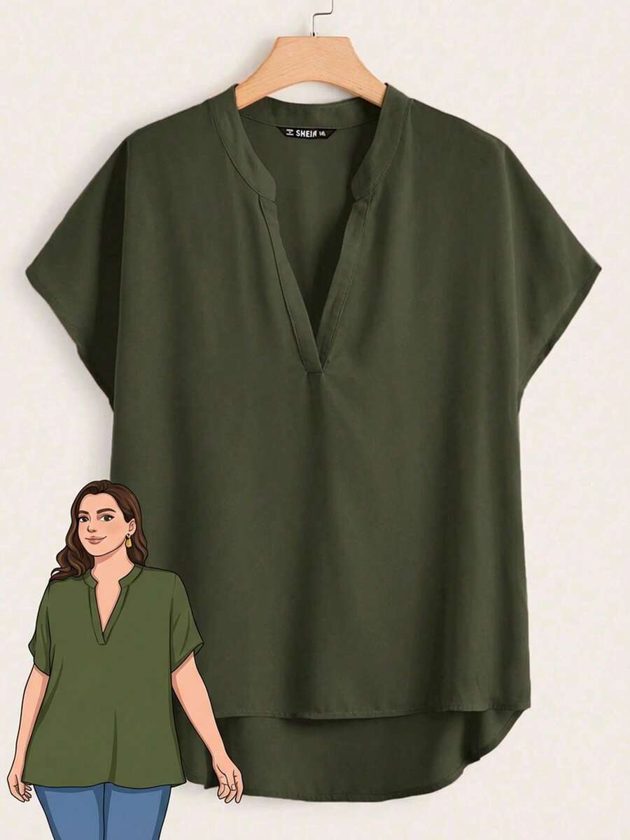 Rusticease Plus Notch Collar High Low Hem Top - Army Green - View 1
