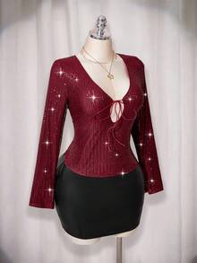 SHEIN ICON 大码深V领镂空系带蝴蝶结亮片上衣，性感酒红色亮片派对上衣 - 酒紅色 - 查看 6