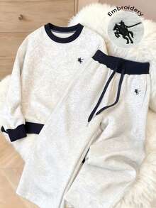 Resyla 两件套女士撞色滚边圆领插肩袖休闲上衣和抽绳裤套装 - 灰色 - 查看 3