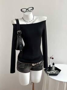 Elamini Women's Casual Off-Shoulder Backless Laser Cut Long Sleeve Tight Fit T-Shirt, All Season - Black - View 5