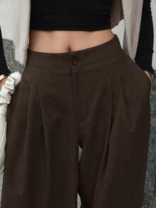 DAZY Quần ống rộng dáng rộng có túi và cạp chun cho nữ, màu trơn - Cà phê nâu - Xem 4
