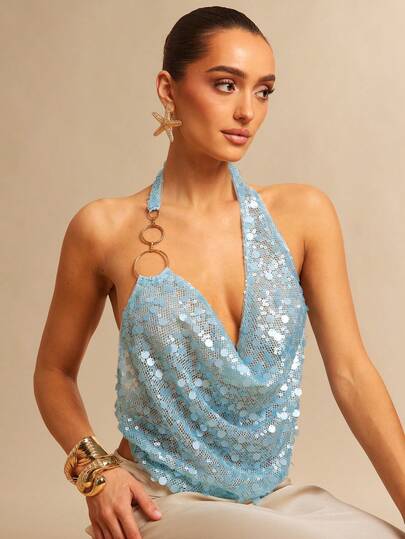 Silquee Women's Fashionable Sexy Sequin Halter Backless Camisole Top, Summer