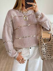 Siren Gaze Women's Loose Fit Crew Neck Long Sleeve Sequin Embellished Casual Sweater In Fall/Winter,Cozy Fall And Winter Clothes For Women Spring - Champagne - View 2