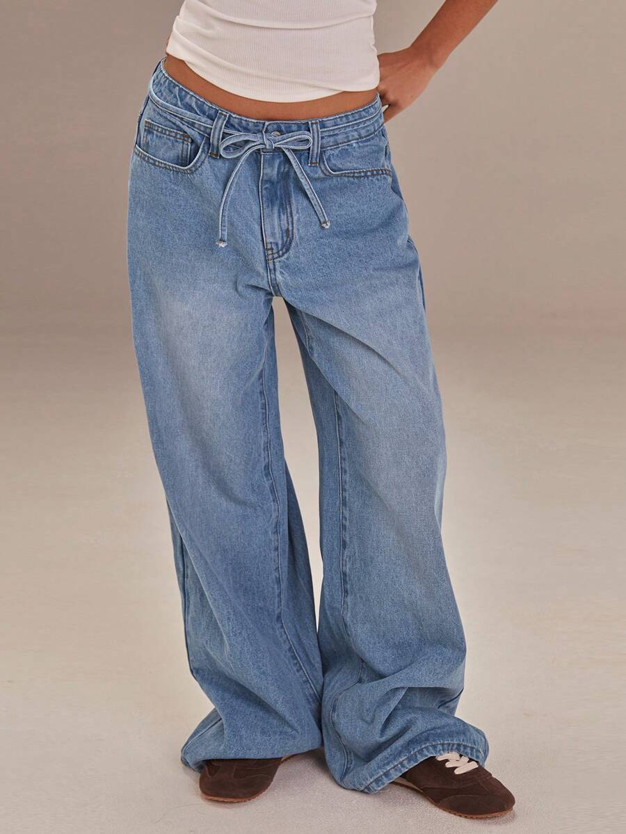 Athîral Women's Casual Washed Wide-Leg Blue Denim Jeans With Drawstring Detailing, Loose Straight-Leg Fit,Vacation Outfits Women,Spring Outfit Women,Casual Blue Denim Jeans,Going Out Pants For Women,Casual Street Style - Blue - View 1