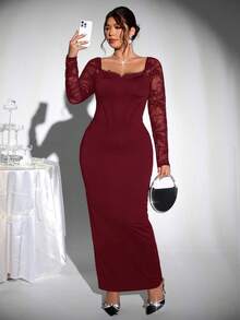 Firerie Damen Große Größen Neues Lässiges Elegantes Bodycon Spitze Patchwork Kleid, Schwarzes Kleid, Verführerisches Kleid, Geeignet für Partys, Dates, Romantische Nächte, Galas, Meerjungfrauenkleid