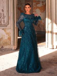 Aureia 优雅奢华的珍珠亮片网纱长袖连衣裙，适合婚礼、派对、度假、晚宴、正式场合（装饰繁复） - 湖藍色 - 查看 4