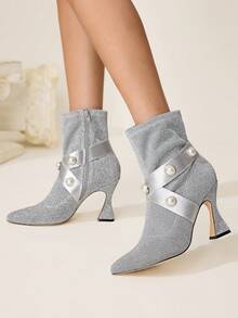 CUCCOO CHICEST Women's Fashionable & Elegant Pearl Embellished High Heel Ankle Boots For Christmas - Silver - View 4