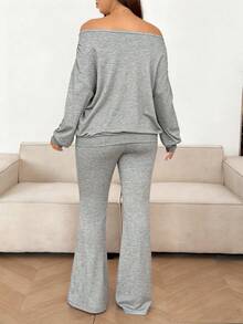 Sunnyshic 大码女式单肩上衣和喇叭裤两件套 - 灰色 - 查看 2