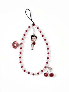 Betty Boop x SHEIN Fashion Zinc Alloy Red White Handmade Beaded Mobile Phone Chain Ladies Sweet Mobile Phone Lanyard Mobile Phone Charm, Love, Love, Kiss,Gift Ideas,Party,Holiday,Valentine's Day